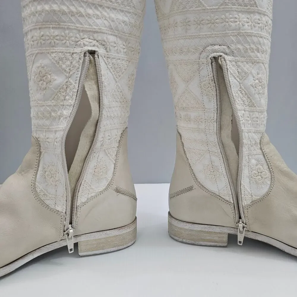 Free People Bren Knee High Boot Womens EU 38 Cream Embroidered Boho Slouchy NEW